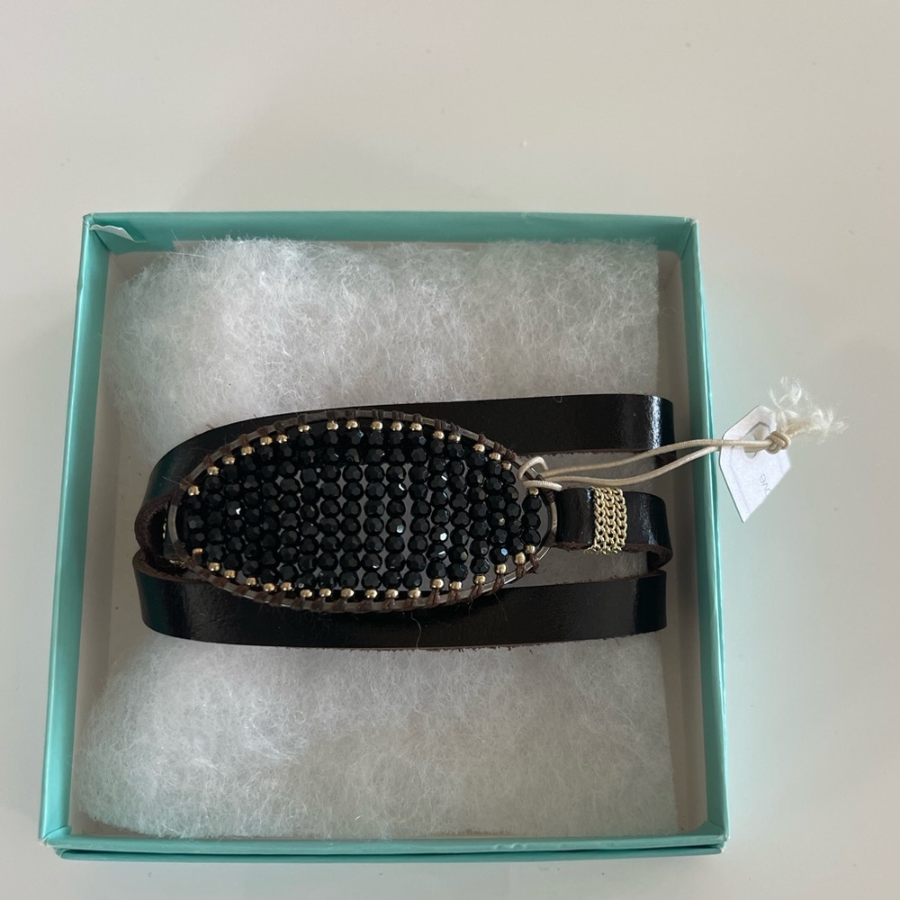Dark Brown Leather and Crystal Wrap bracelet With Snap closure. New!